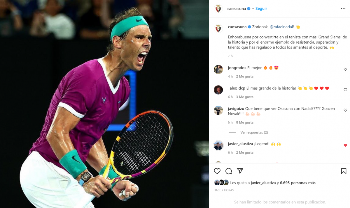 Osasuna felicita a Rafael Nadal y sucede esto  