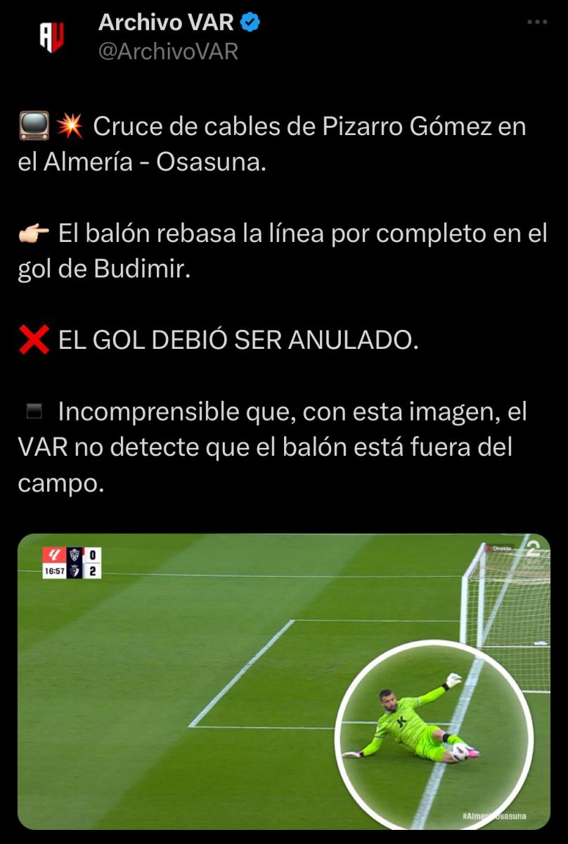 Polémica: Budimir puso el segundo gol ante el Almería… ¡en una jugada en la que el balón había salido!  
